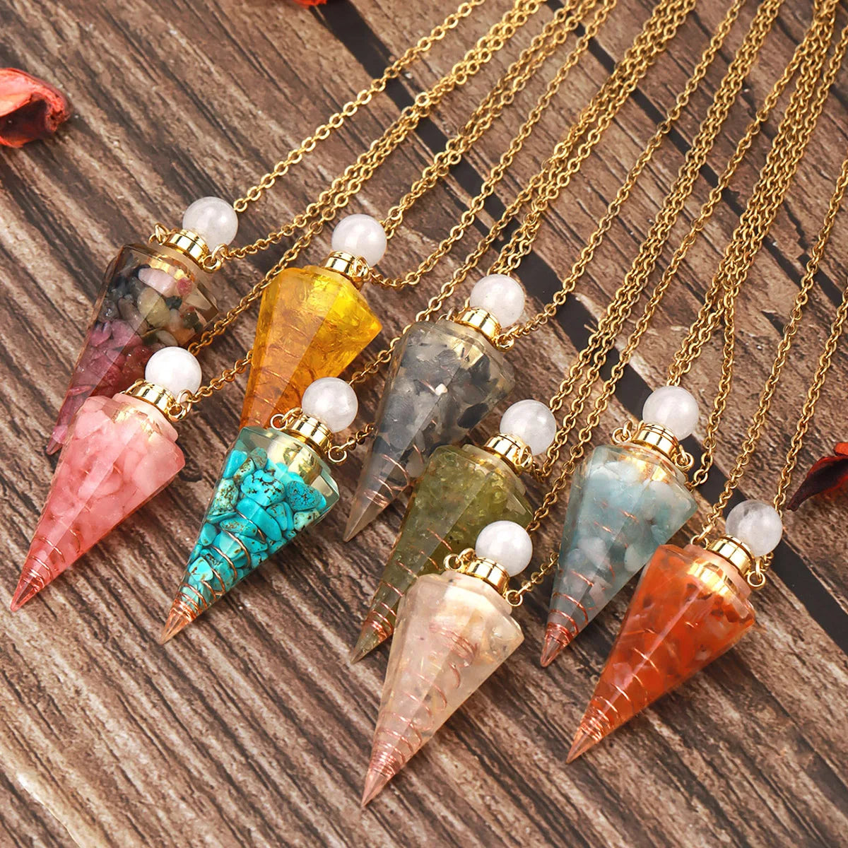 Resin Natural Stone Quartz Aromatherapy Pendant Necklace Gold Color Essential Oil Diffuser Perfume Bottle Crystal Necklaces H205