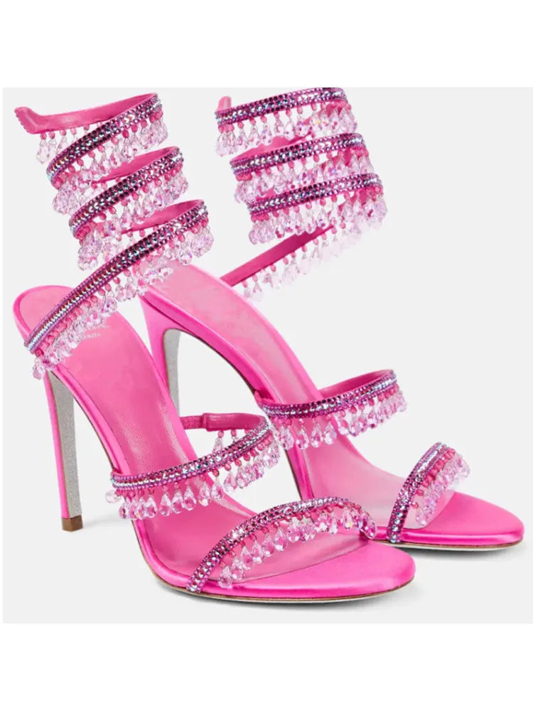 2025 Summer New Colored Diamond Women's High Heel Sandals Water Diamond Fashion Silver Sole Party Party Party High Heel Shoes