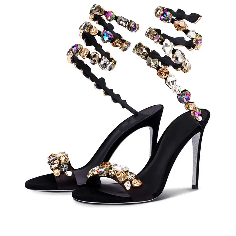 2025 Summer New Colored Diamond Women's High Heel Sandals Water Diamond Fashion Silver Sole Party Party Party High Heel Shoes