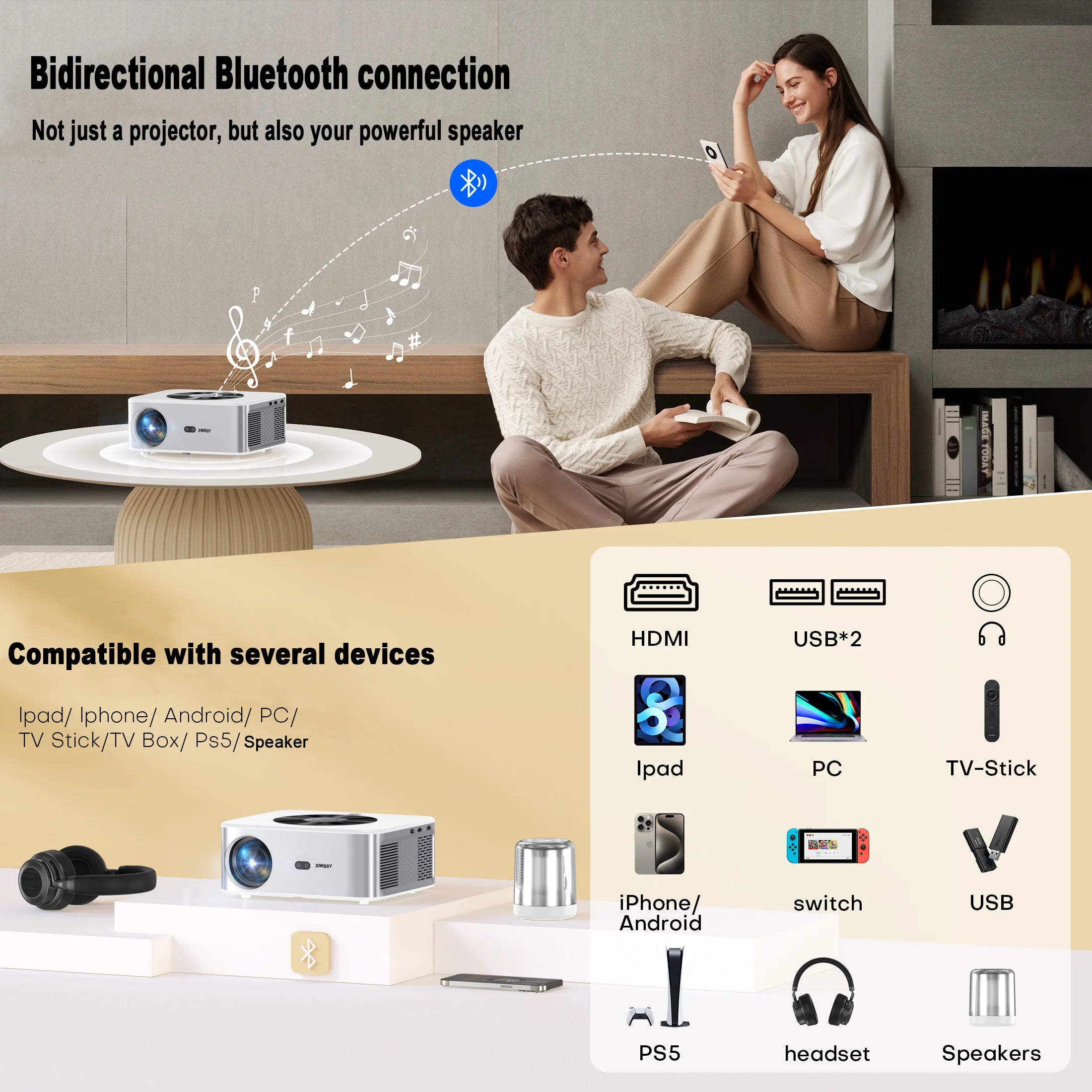 XIWBSY 1000Ansi AutoFocus Projector Bluetooth5.2 Android Projector 4K 8K Decode Video Audio Home Theater Portable Proyector