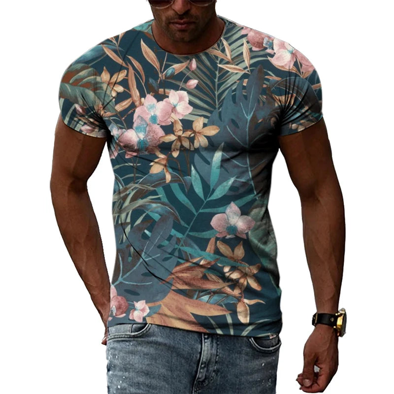 Summer New Men's Floral Pattern 3D T-shirt Street Hip Hop Personality Print Tops Trendy Fashion Round Neck Short Sleeve Clothing