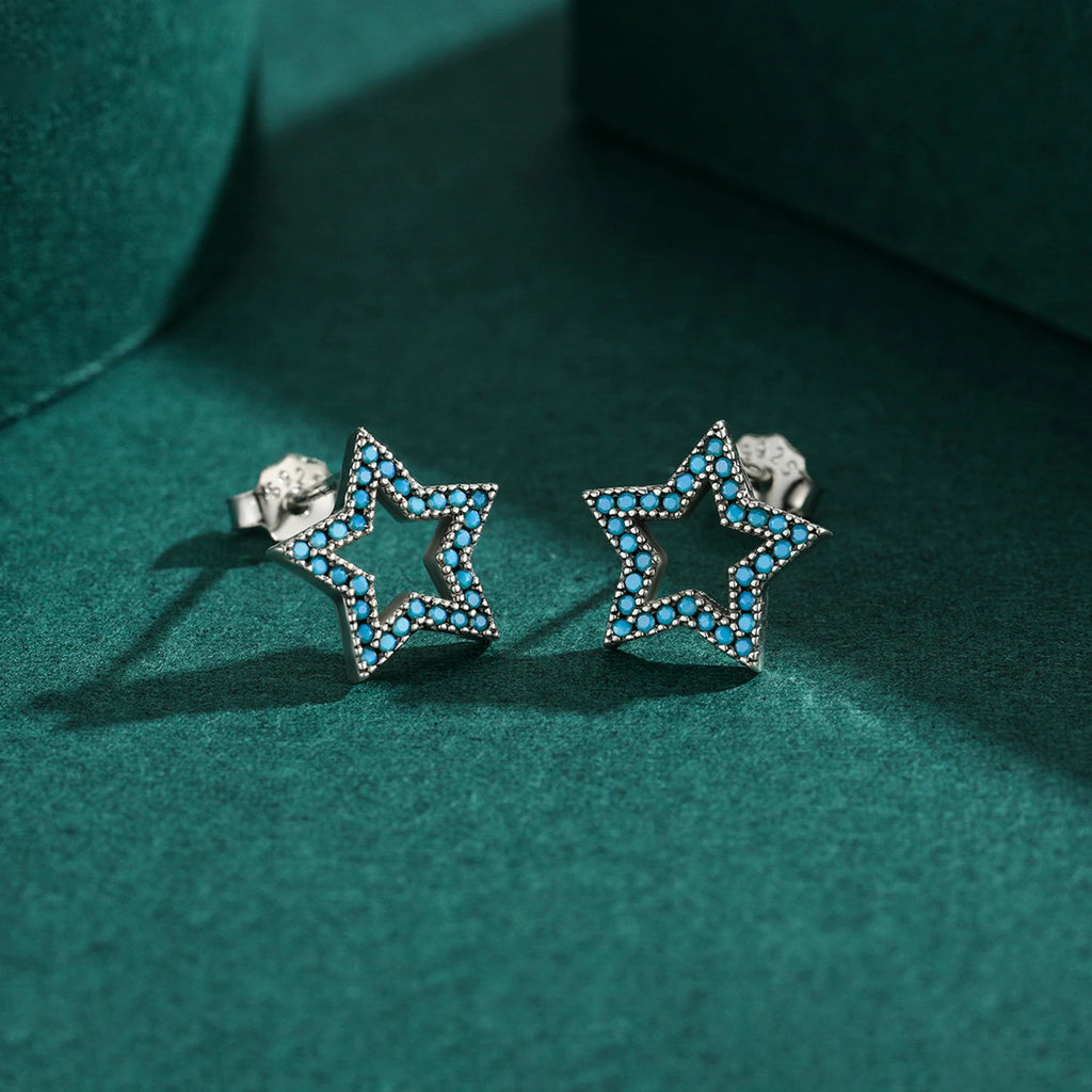 MODIAN New 925 Sterling Silver Vintage Stars Turquoise Ear Studs Fashion Hollow Out Charm Female Stud Earrings For Women Jewelry