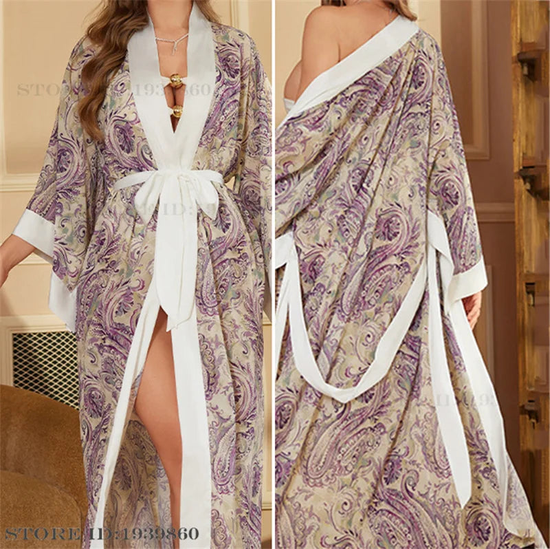 Spring Summer Female Sleepwear Long Robe Print Flower Kimono Bathrobe Gown Night Dress Casual Silk Satin Women's Home Clothing