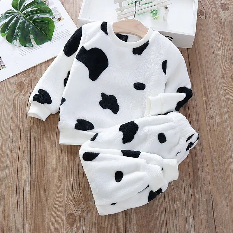 Baby Flannel Home Wear Set Infant Toddler Pajamas Boys Girls Thicken Coral Velvet Cartoon Pattern Top +Pants Two-piece Suit