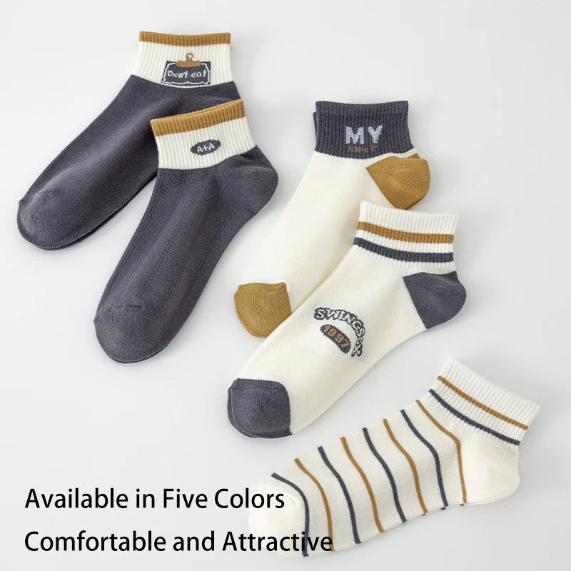5 Pairs of Men's Spring Autumn Season Letter Slogan Number Stripe Fashion Versatile College Style Summer Breathable Short Socks