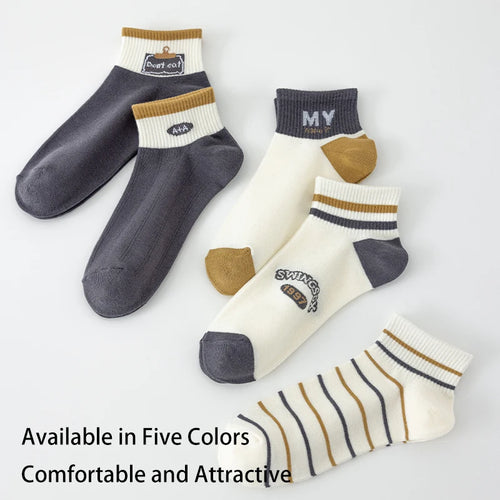 5 Pairs of Men's Spring Autumn Season Letter Slogan Number Stripe Fashion Versatile College Style Summer Breathable Short Socks