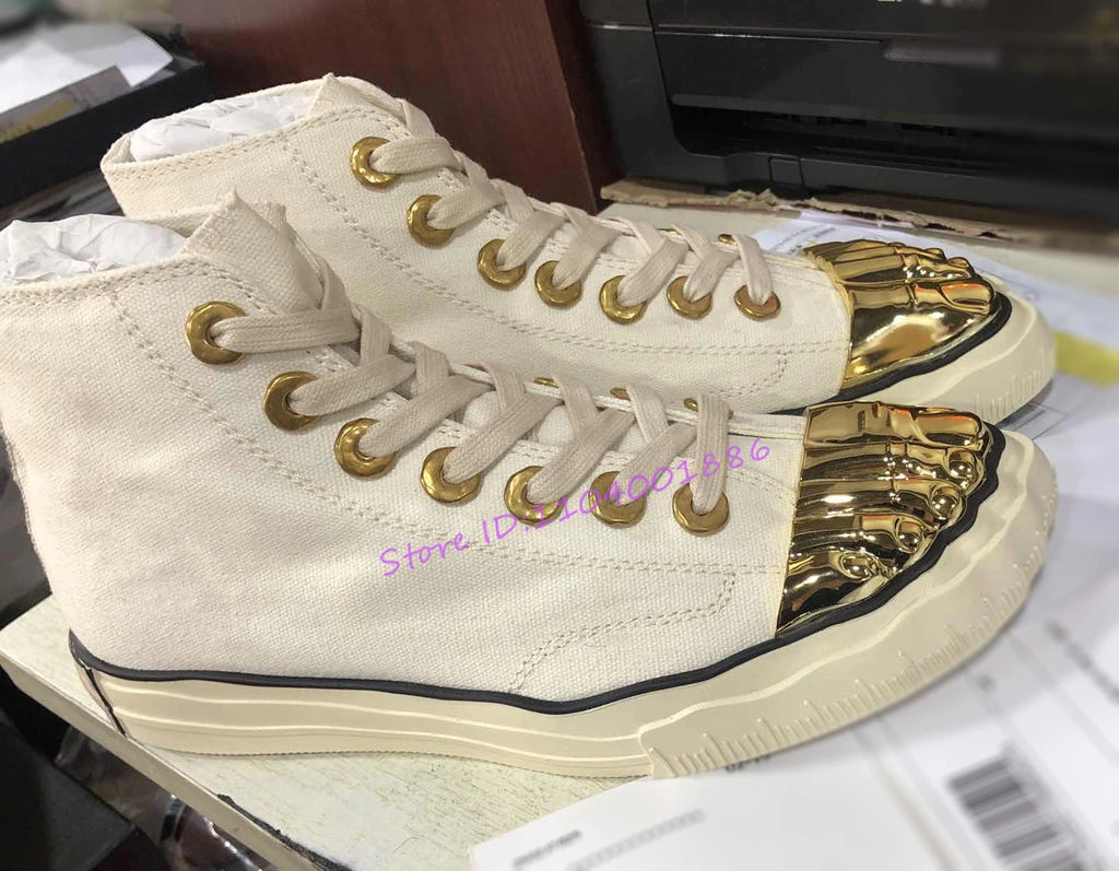 Gold Five Fingers High Top Canvas Shoes Trendy Lace-Up Flat Sneakers Metal Decor Unique Design Couple Casual Shoes Plus Size