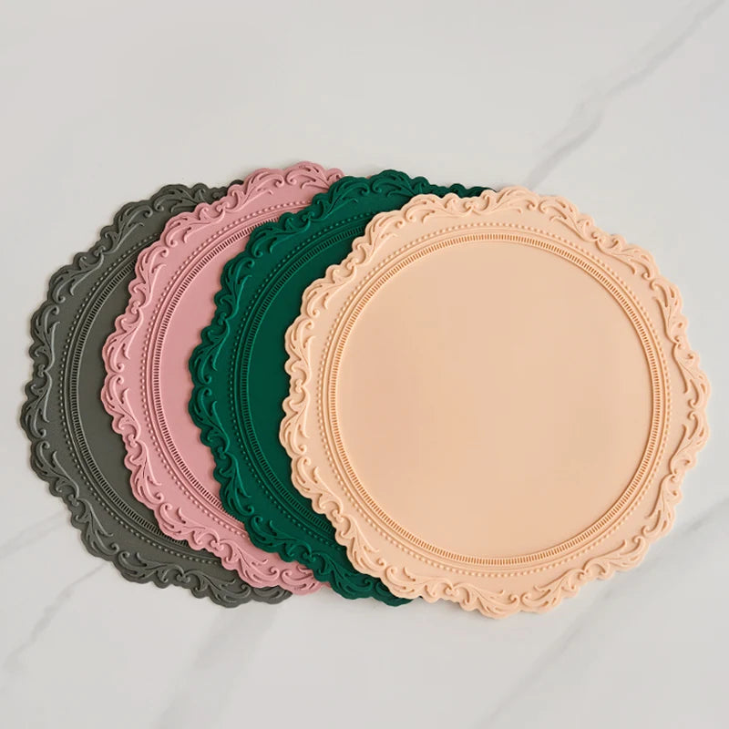 French Vintage Silicone Dining Mat round Bowl Plate Heat Resistant Mat Cup Anti-Scalding Pad Home Decoration Accories