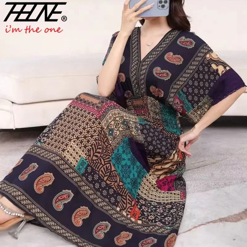 Vestidos Para Mujer Rope Robe Dress Women Casual Elegant Retro Bohemian V Neck Boho Korean Printed Summer Long Dresses Clothes