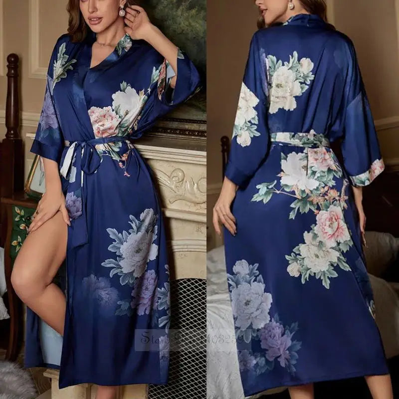 Spring Summer Female Sleepwear Long Robe Print Flower Kimono Bathrobe Gown Night Dress Casual Silk Satin Women's Home Clothing
