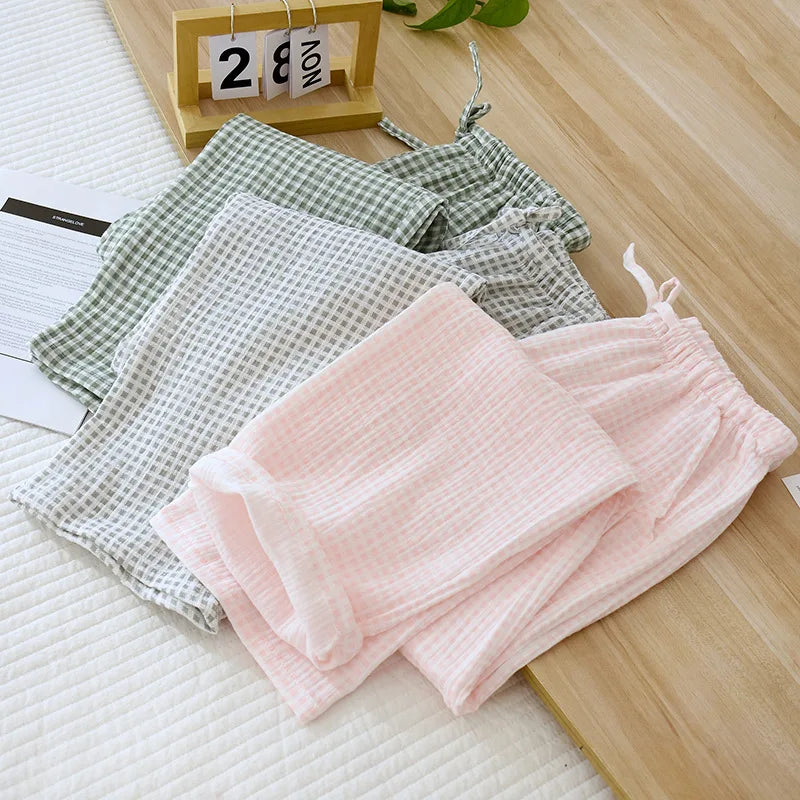 New Spring Summer Japanese Women's Pajamas 100%Cotton Crepe Small Plaid Loose Girls' Pants Household Pants Thin Size Large pants