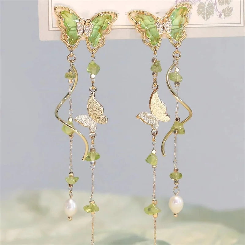 New Trendy Green Zircon Butterfly Earrings for Women Light Luxury Sweet Long Tassel Earrings Aesthetics Wedding Party Jewelry