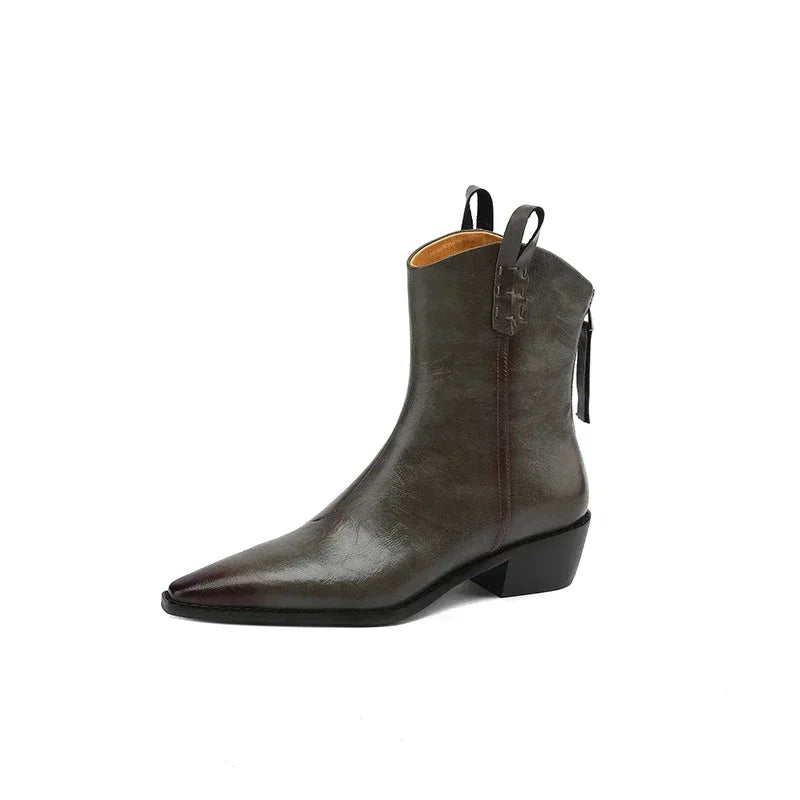2026 Autumn/winter Women Boots Genuine Leather Western Boots Women Shoes Pointed Toe Chunky Heel Chelsea Boots Retro Ankle Boots