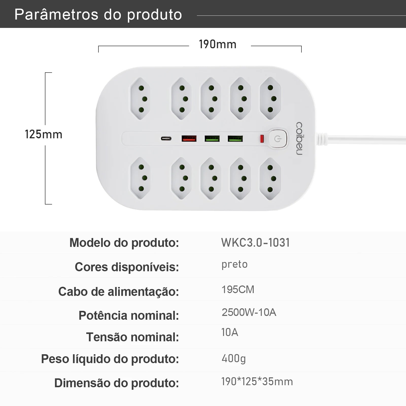 Line Filter, Electric Extension, Socket Extension, Socket Adapter, From Brazil, Coibeu, 10A, 110-220V, Usb Socket