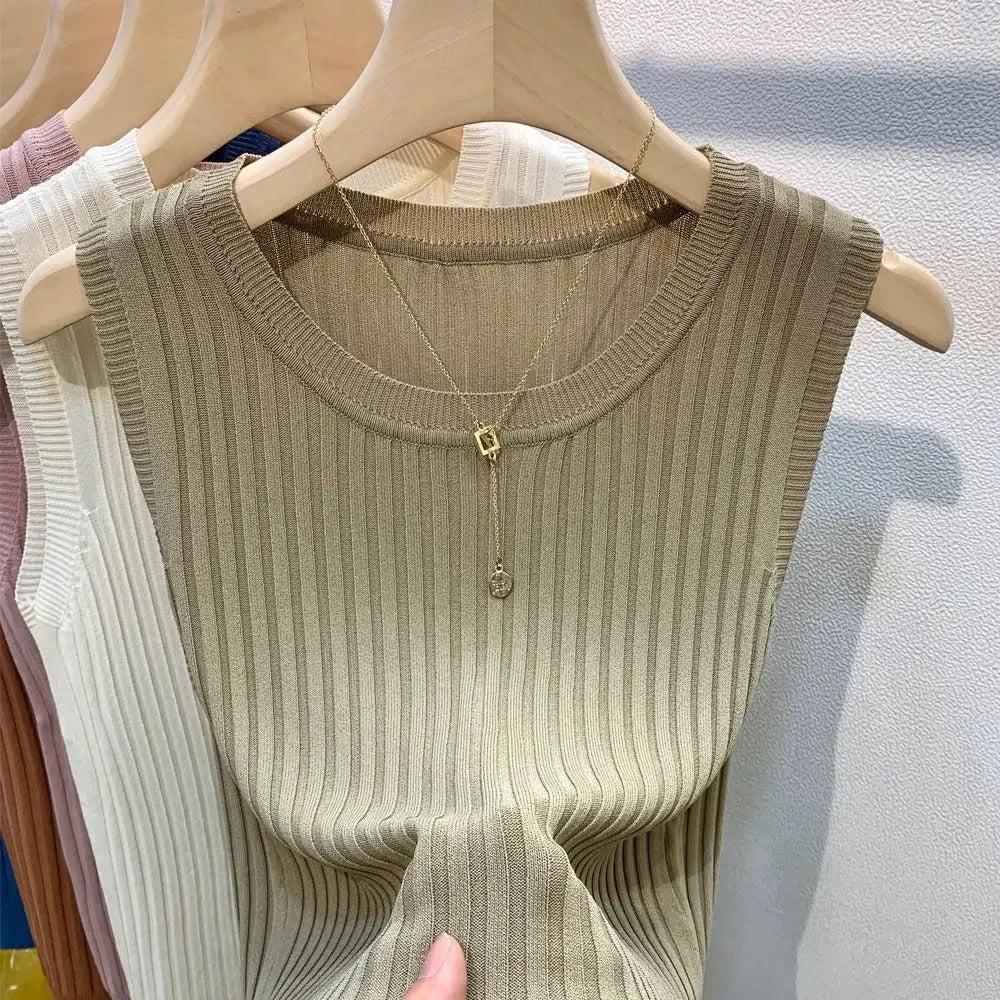 Summer 2026 New Fashion Knitted Vests O-neck Sleeveless Casual Thin Tops Sleeveless Blouse Women Shirt ﻿