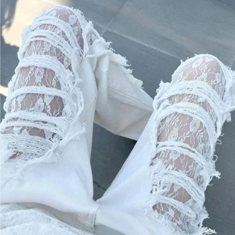 White Lace Stitching Wide-leg Jeans Children 2025 Hole Technology High Waist Slim Joker Pants