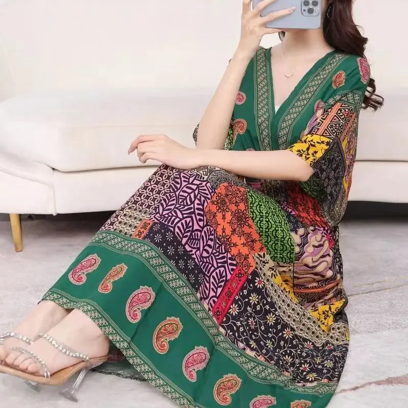 Vestidos Para Mujer Rope Robe Dress Women Casual Elegant Retro Bohemian V Neck Boho Korean Printed Summer Long Dresses Clothes
