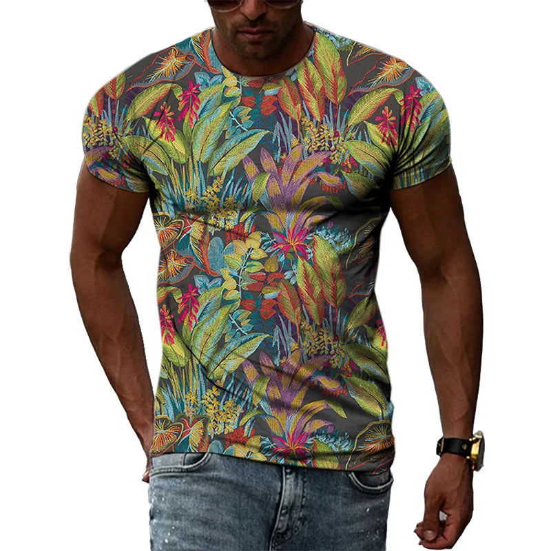 Summer New Men's Floral Pattern 3D T-shirt Street Hip Hop Personality Print Tops Trendy Fashion Round Neck Short Sleeve Clothing