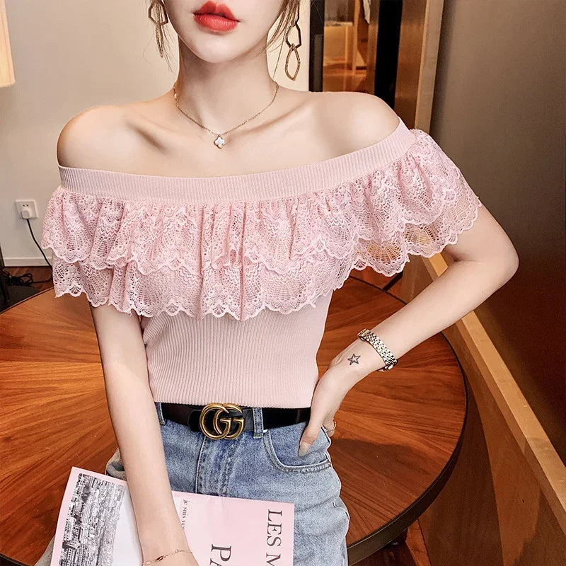 Sexy Ladies Tops Summer Blouse for Women 2024 Blusas Mujer De Moda Patchwork Lace Ruffles Blouses Tunic Sweet Knitted Shirts