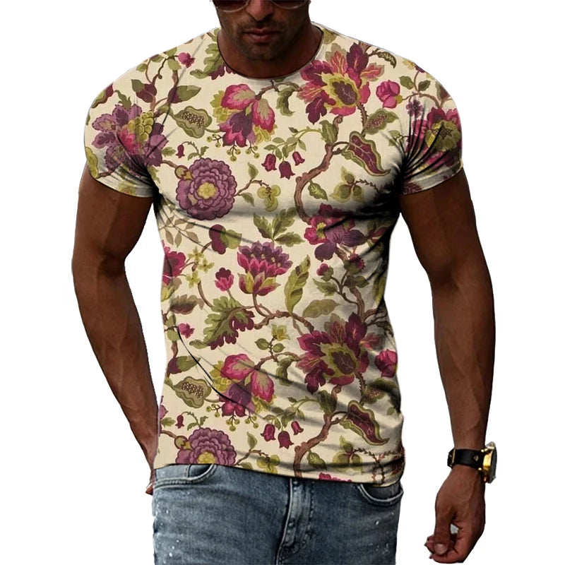 Summer New Men's Floral Pattern 3D T-shirt Street Hip Hop Personality Print Tops Trendy Fashion Round Neck Short Sleeve Clothing
