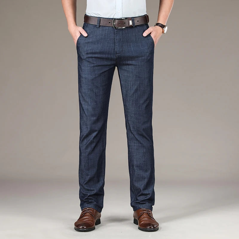 SHAN BAO spring summer brand fit straight thin modal denim jeans business casual men's high waist lightweight stretch pants