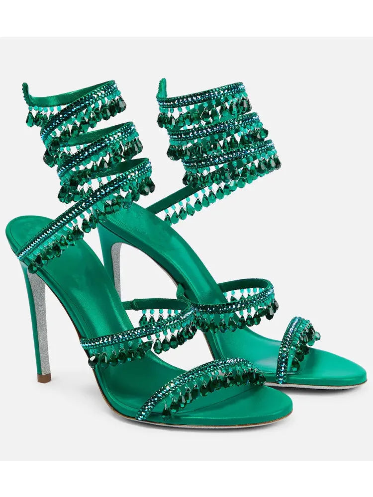 2025 Summer New Colored Diamond Women's High Heel Sandals Water Diamond Fashion Silver Sole Party Party Party High Heel Shoes