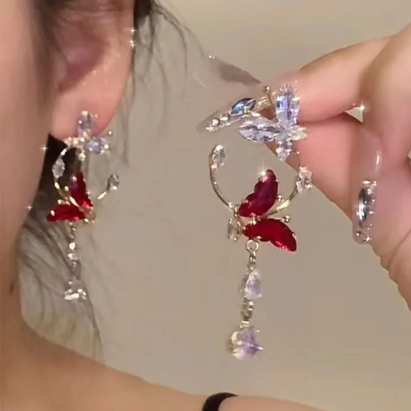 New Trendy Green Zircon Butterfly Earrings for Women Light Luxury Sweet Long Tassel Earrings Aesthetics Wedding Party Jewelry