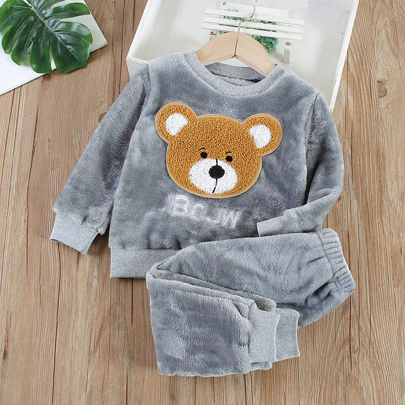 Baby Flannel Home Wear Set Infant Toddler Pajamas Boys Girls Thicken Coral Velvet Cartoon Pattern Top +Pants Two-piece Suit