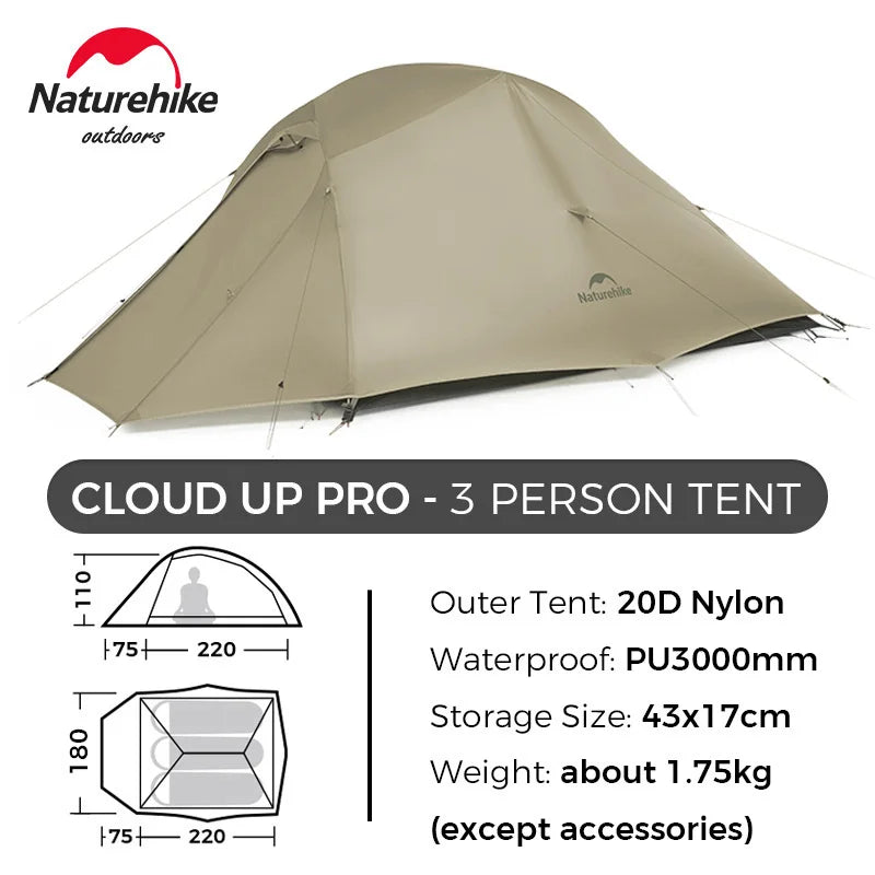 Naturehike Cloud Up 3 Person Ultralight Tent Waterproof Outdoor Hiking Cycling Backpacking Tent 20D Beach Camping Tents with Mat