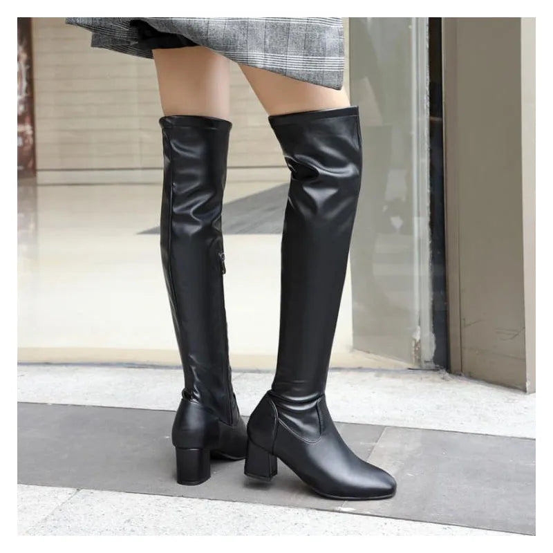2026 Fashion Knee High Boots Women Winter Boots Square Loe Heel Long Boots Square Toe Zipper Autumn Female Boots Black White