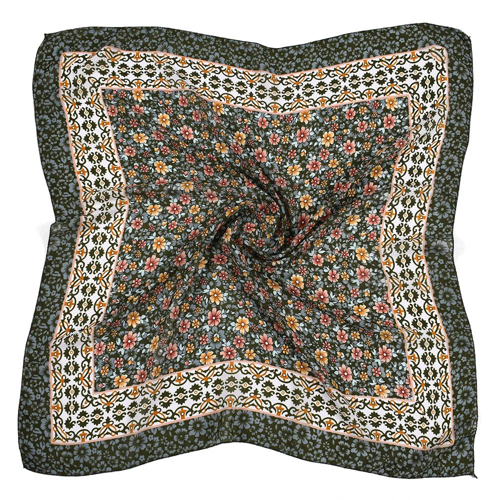 85*85cm Pastoral Style Women Headband Scarf Luxury Floral Print Square Bandana Lady Handkerchief Ethnic Shawl Head Scarves