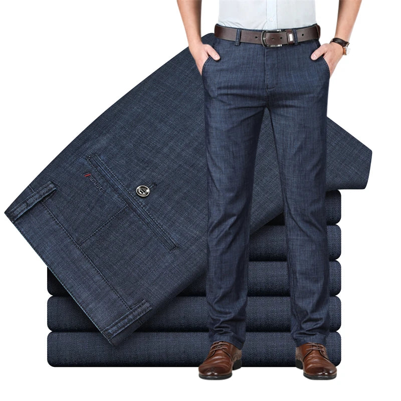 SHAN BAO spring summer brand fit straight thin modal denim jeans business casual men's high waist lightweight stretch pants