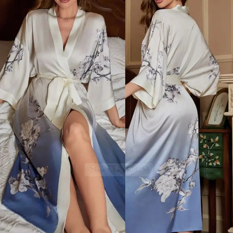 Spring Summer Female Sleepwear Long Robe Print Flower Kimono Bathrobe Gown Night Dress Casual Silk Satin Women's Home Clothing