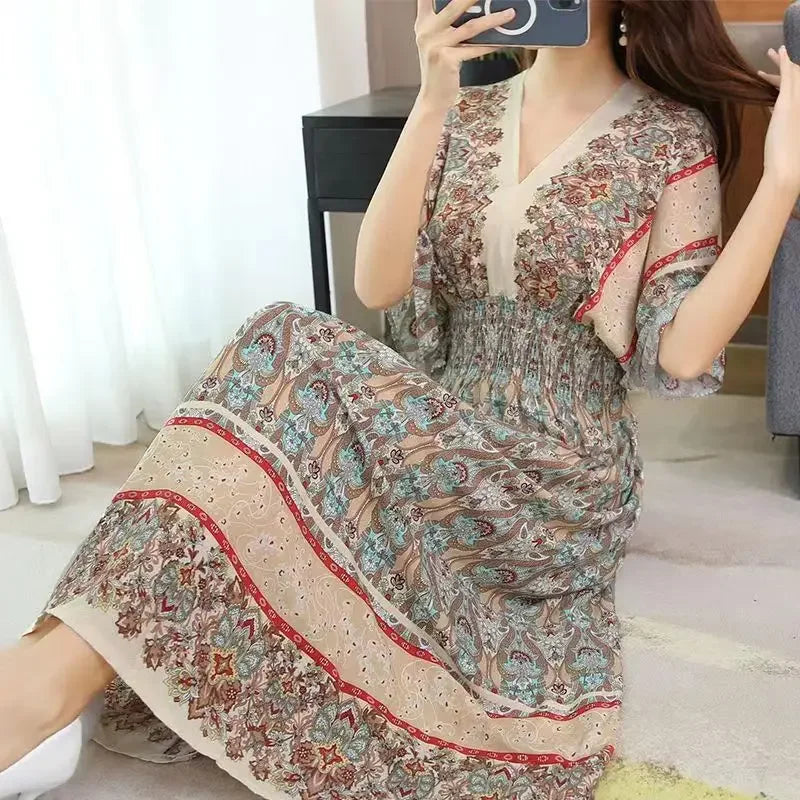 Vestidos Para Mujer Rope Robe Dress Women Casual Elegant Retro Bohemian V Neck Boho Korean Printed Summer Long Dresses Clothes