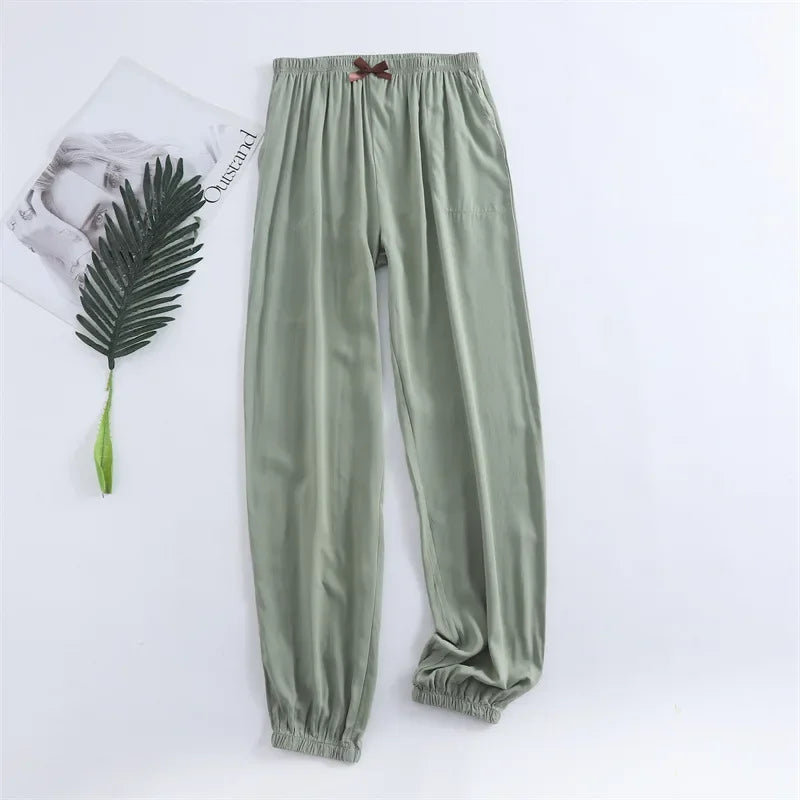 Spring and summer new women's trousers 100% viscose leg + straight casual breathable comfortable plus size home sleep pants cute