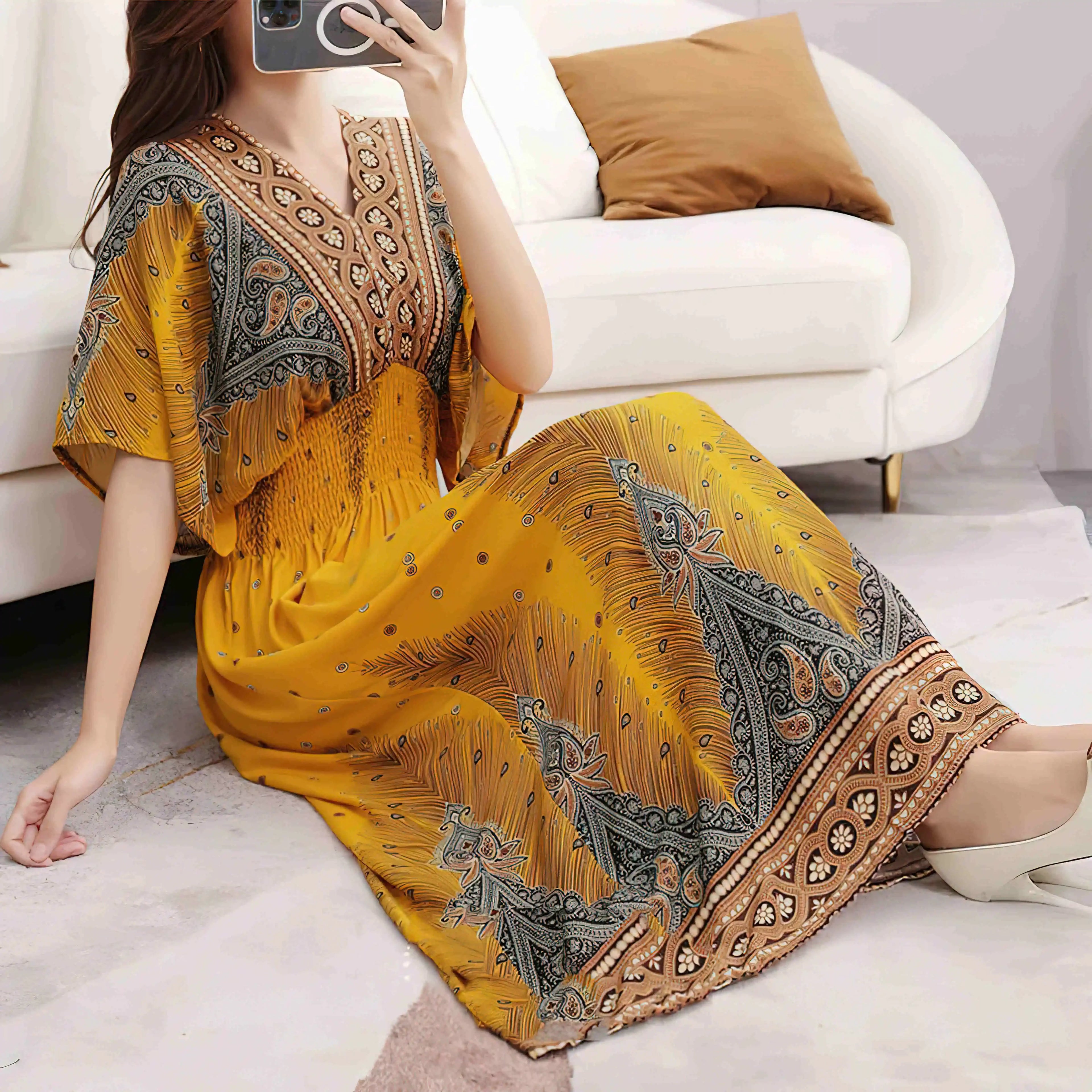 Vestidos Para Mujer Rope Robe Dress Women Casual Elegant Retro Bohemian V Neck Boho Korean Printed Summer Long Dresses Clothes