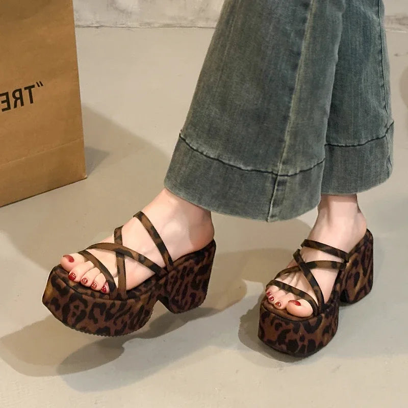 Summer Platform Heel Women Slippers Fashion Open Toe Wedges sandals Narrow Band Slide Ladies Street Style Shoes Leopard Print