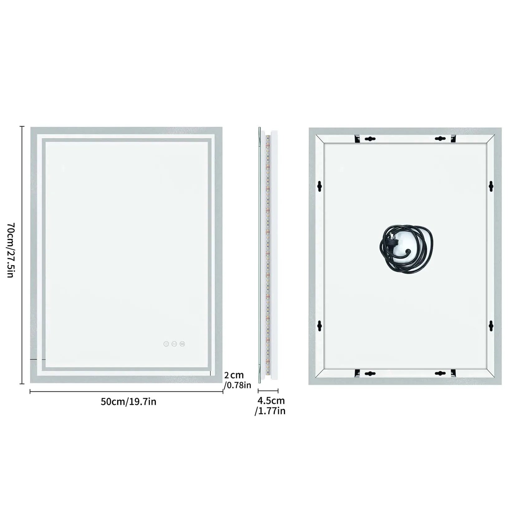LED Light Bathroom Mirror Illuminated Wall Mounted Vanity Makeup Anti-Fog Rectangle 3 Colors Touch Light