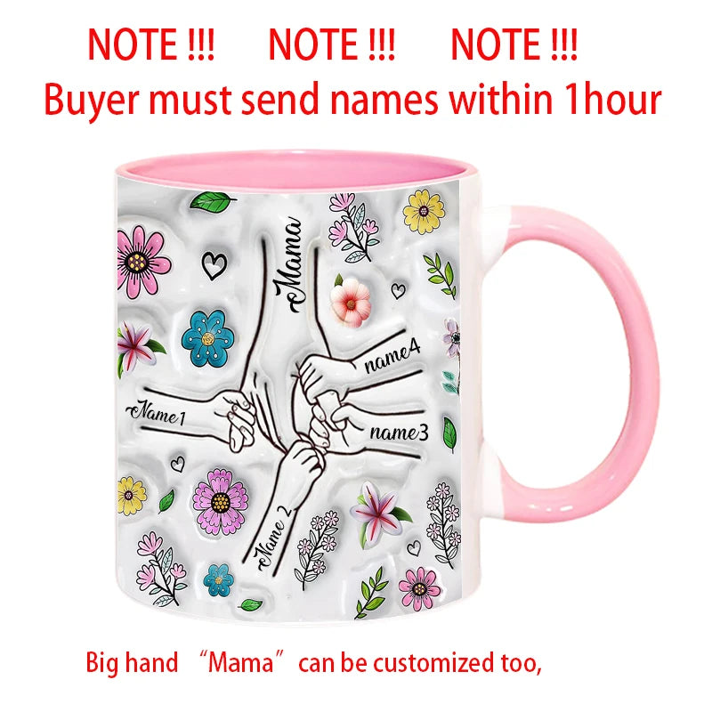 Personalized Kids Names Mug Customize 3D Effect Printing WITH Flowers Cup Holding Hands Coffee Mugs Mother's Day Gifts
