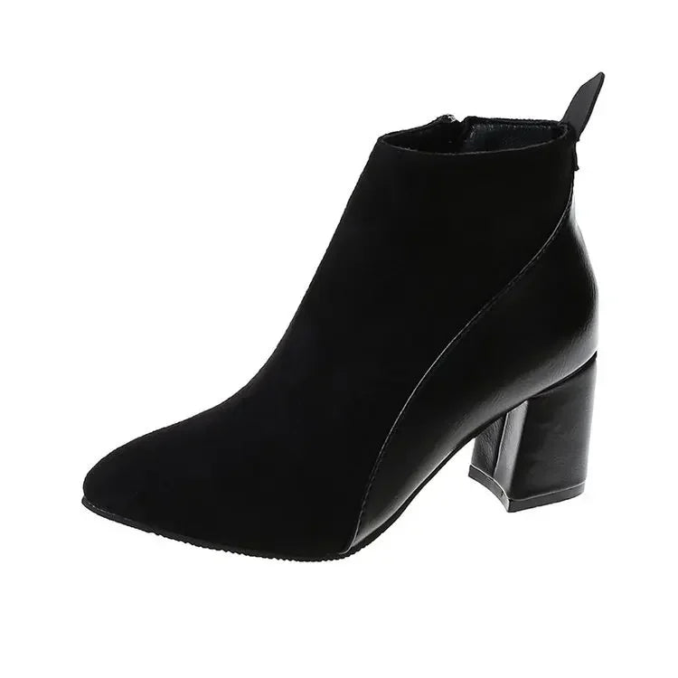 2026 Autumn/Winter Women Ankle Boots Pointed Fashion Short Boots Suede Panel Side Zipper Thick Heels Women's Shoes Large 44