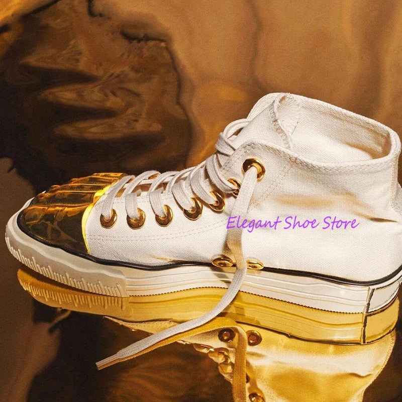 Gold Five Fingers High Top Canvas Shoes Trendy Lace-Up Flat Sneakers Metal Decor Unique Design Couple Casual Shoes Plus Size