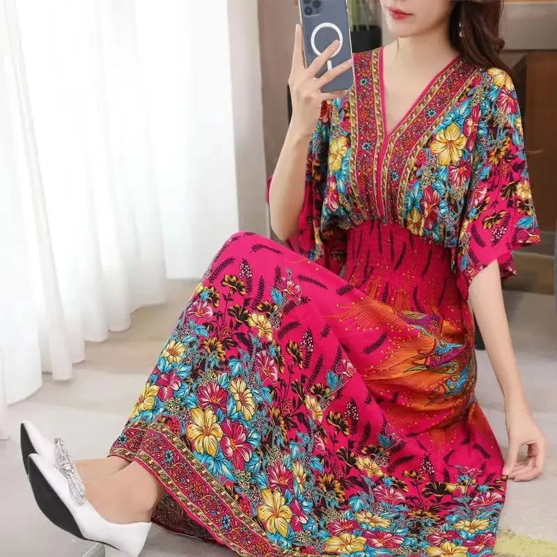 Vestidos Para Mujer Rope Robe Dress Women Casual Elegant Retro Bohemian V Neck Boho Korean Printed Summer Long Dresses Clothes