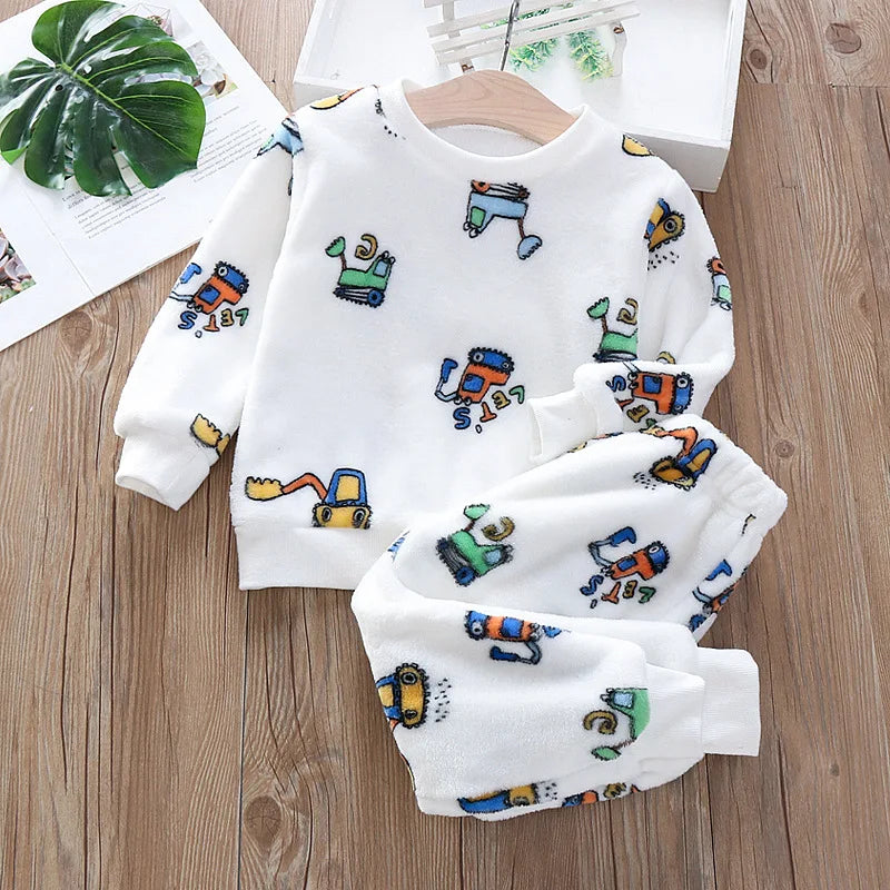 Baby Flannel Home Wear Set Infant Toddler Pajamas Boys Girls Thicken Coral Velvet Cartoon Pattern Top +Pants Two-piece Suit