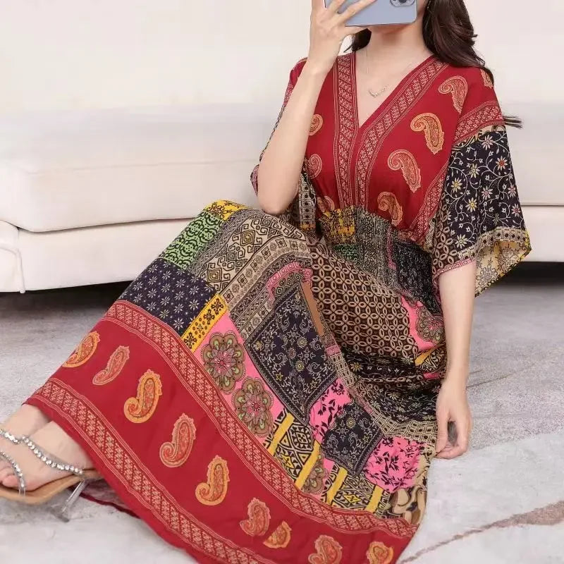 Vestidos Para Mujer Rope Robe Dress Women Casual Elegant Retro Bohemian V Neck Boho Korean Printed Summer Long Dresses Clothes