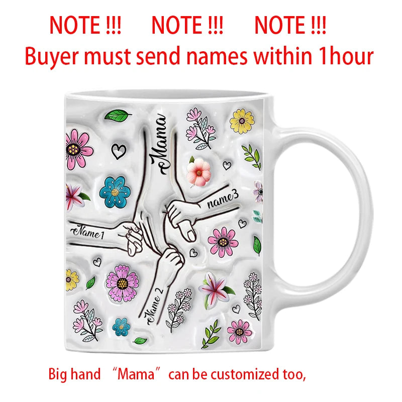 Personalized Kids Names Mug Customize 3D Effect Printing WITH Flowers Cup Holding Hands Coffee Mugs Mother's Day Gifts