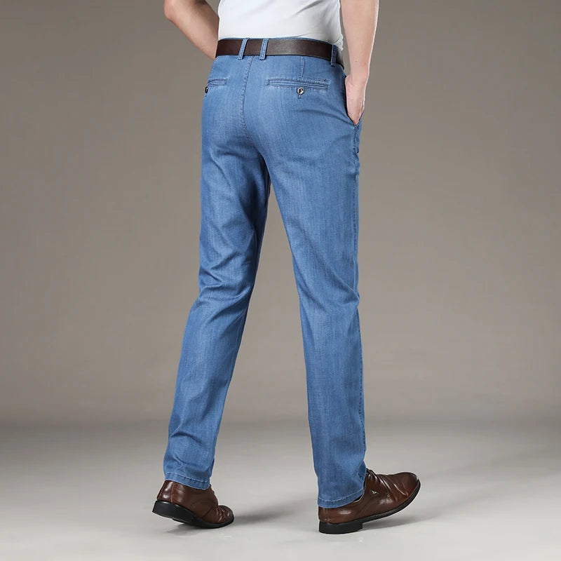 SHAN BAO spring summer brand fit straight thin modal denim jeans business casual men's high waist lightweight stretch pants