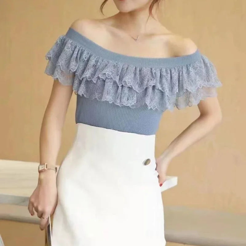 Ruffled Lace Slip-Neck Sexy Knitted T-Shirt Korean Style Elegant Casual Top Sleeveless Solid Color T-shirt Fashion Clothing 2022