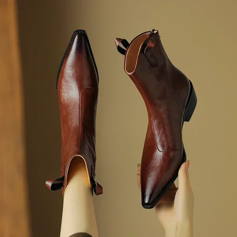 2026 Autumn/winter Women Boots Genuine Leather Western Boots Women Shoes Pointed Toe Chunky Heel Chelsea Boots Retro Ankle Boots