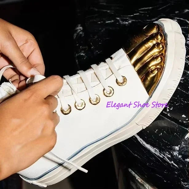 Gold Five Fingers High Top Canvas Shoes Trendy Lace-Up Flat Sneakers Metal Decor Unique Design Couple Casual Shoes Plus Size