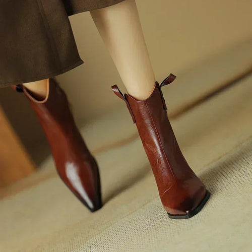 2026 Autumn/winter Women Boots Genuine Leather Western Boots Women Shoes Pointed Toe Chunky Heel Chelsea Boots Retro Ankle Boots